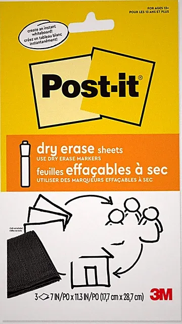 Post-It Dry Erase Sheets, 7 in X 11.3 In, 3 Sheets, Sticks Securely and Removes