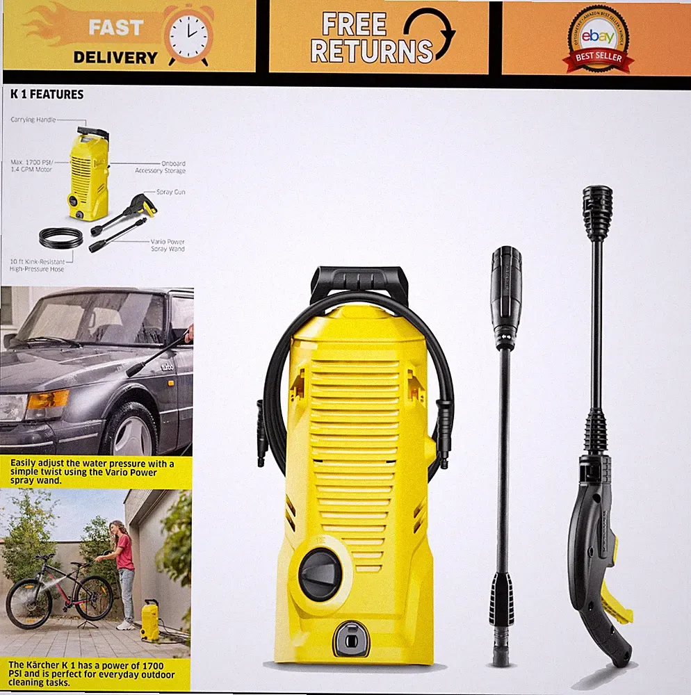 Powerful 1700 PSI Pressure Washer, 1.45 GPM, Trigger Spray Gun & Vario Wand - Id