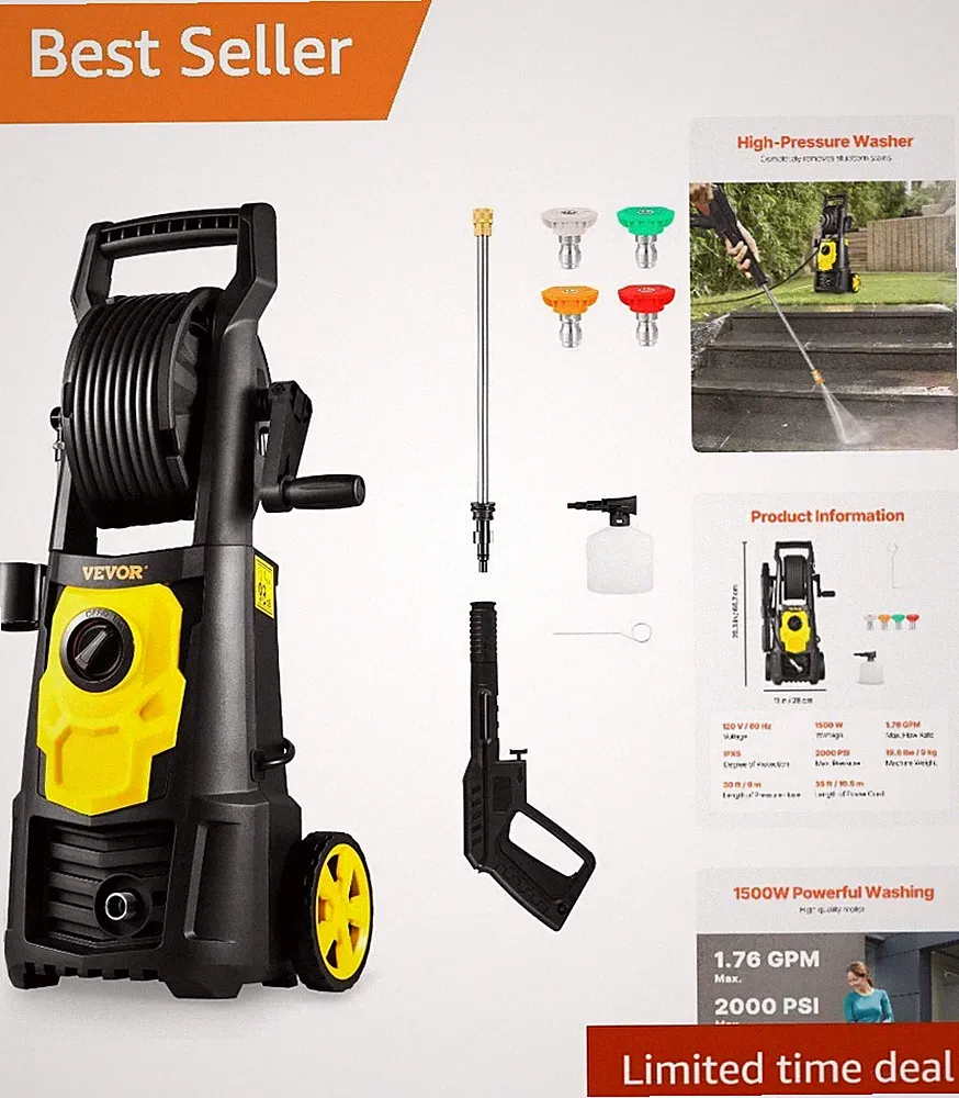 Powerful 2000 PSI Electric Pressure Washer - 1.76 GPM, Foam Cannon & Hose Reel