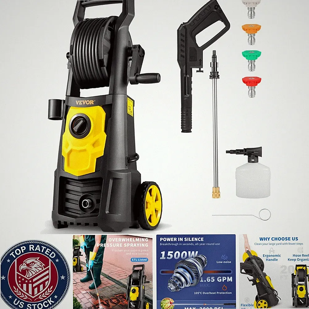 Powerful 2000 PSI Electric Pressure Washer - Max 1.65 GPM, Certified Safety