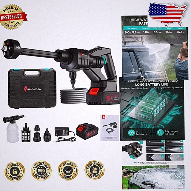 Powerful Cordless Pressure Washer 800PSI 1.5GPM - 6-in-1 Nozzle, 45 Min Run Time