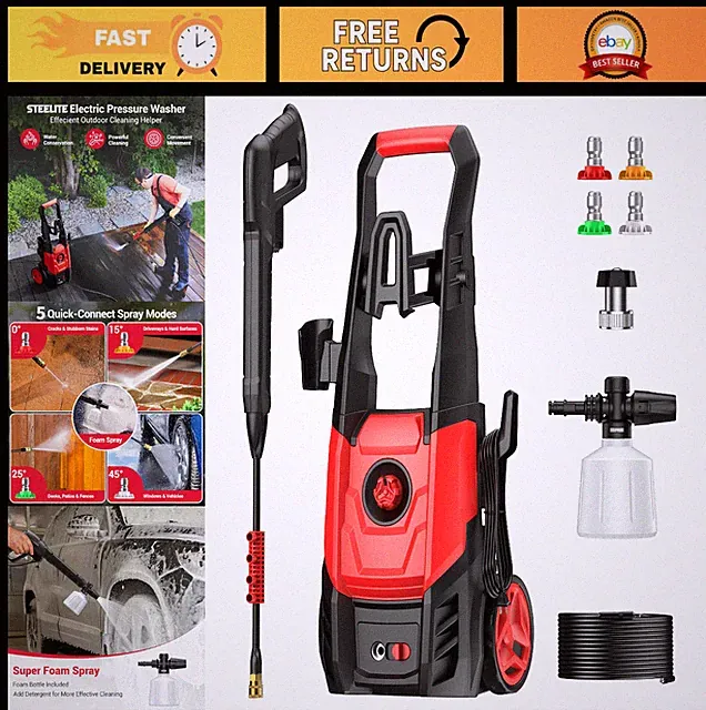 Powerful Electric Pressure Washer 2.5 GPM, 4 Nozzles & Foam Cannon, Portable Cle