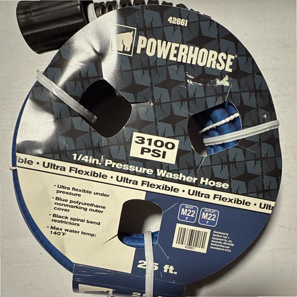 POWERHORSE 42661 25 ft 1/4 in Pressure Washer Hose 3100 PSI M22/M22 Blue