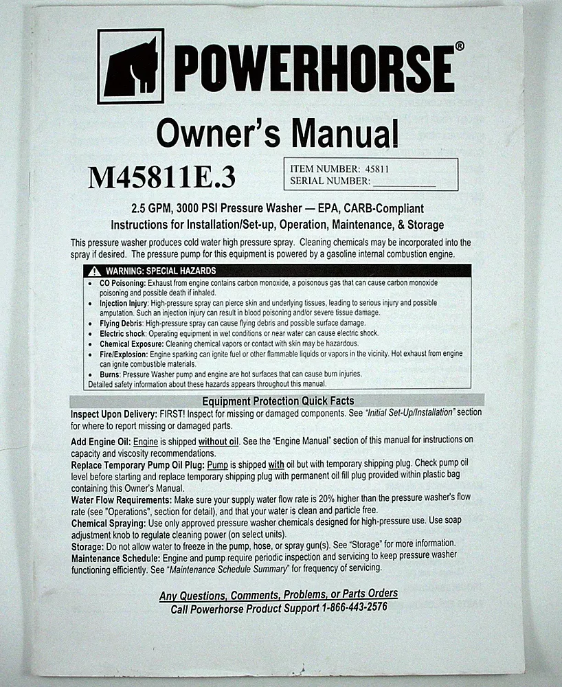 Powerhorse Model 45811 Pressure Washer Owners Manual M45811E.3 with Parts List