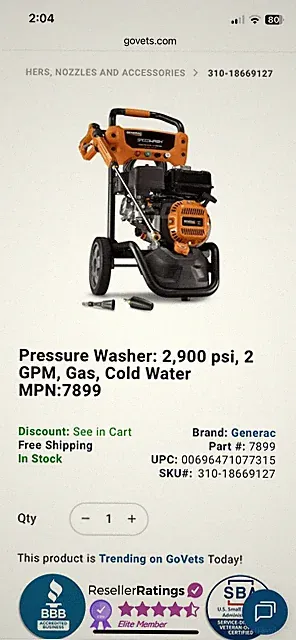 Pressure Washer: 2,900 psi, 2 GPM, Gas, Cold Water MPN:7899