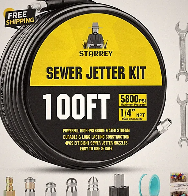 Pressure Washer Drain Jetter Jetter Kit for Pressure Washer 100Ft 1/4 Inch
