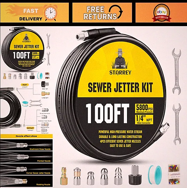 Pressure Washer Drain Jetter Kit 100ft Hose Nozzles Adapter 5800 PSI