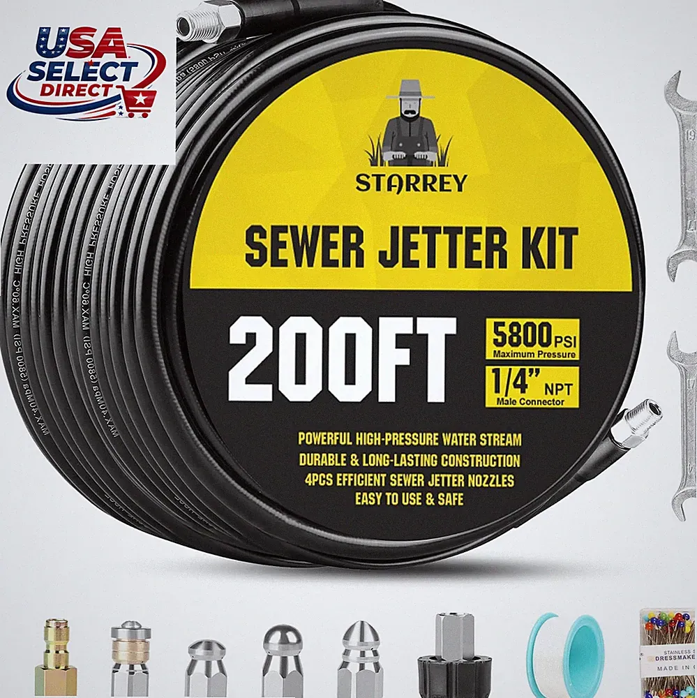 Pressure Washer Drain Jetter Kit 200FT 1/4" Hose Nozzles 5800PSI
