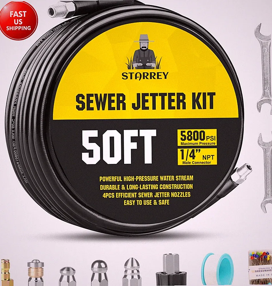 Pressure Washer Drain Jetter – Sewer Jetter Kit for Pressure Washer 50Ft 1/4 Inc