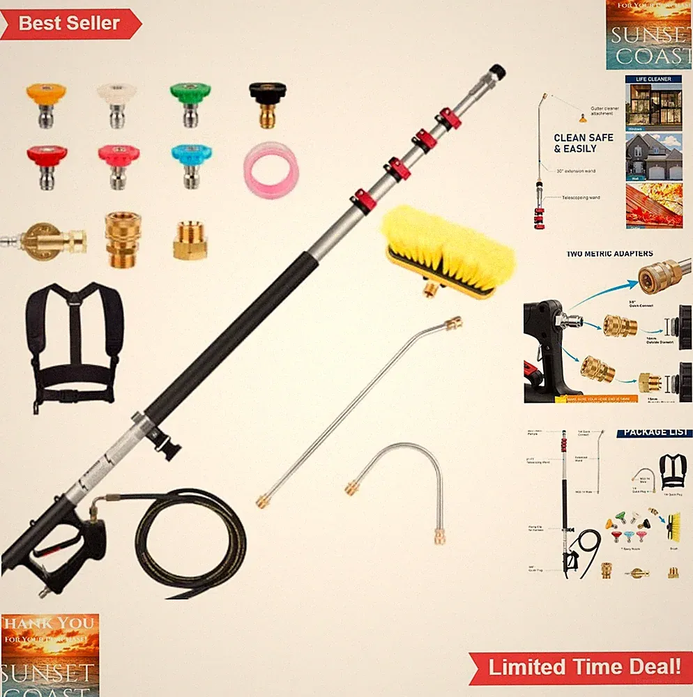 Pressure Washer Extension Wand 24 FT Telescoping 4000PSI 6GPM 5 Nozzle Tips