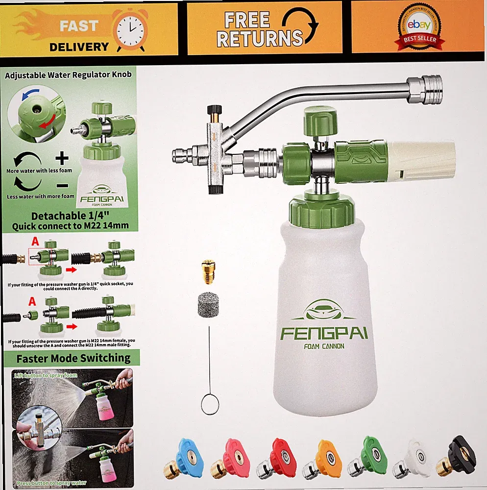 Pressure Washer Foam Cannon with Dual Connector & 7 Nozzles, 3600 PSI, Quick Con