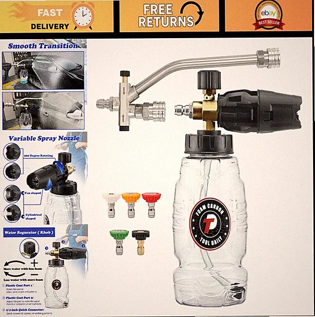 Pressure Washer Foam Cannon with Dual Connector, Double Tip Attachment & 5 Nozzl
