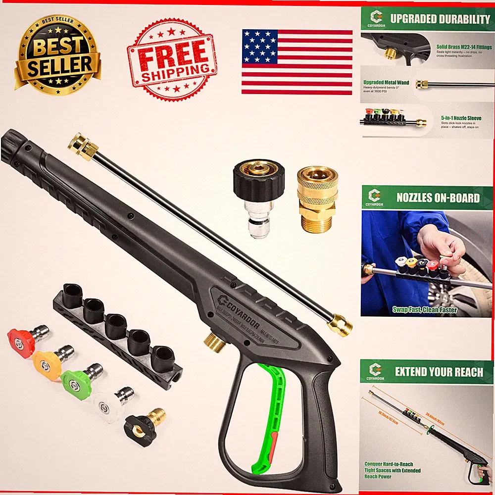 Pressure Washer Gun 3600 PSI with Extension Wand M22-14mm 5 Nozzle Tips Green
