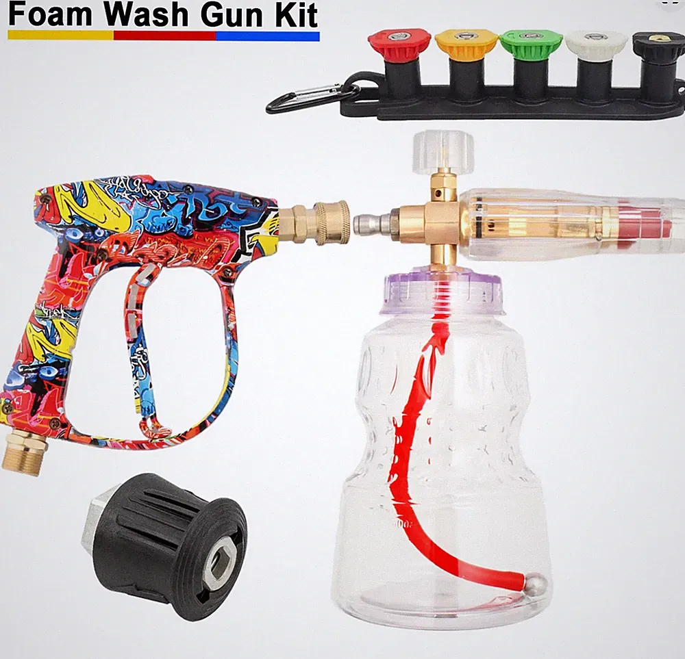 Pressure washer gun + foam cannon combo w/ nozzles