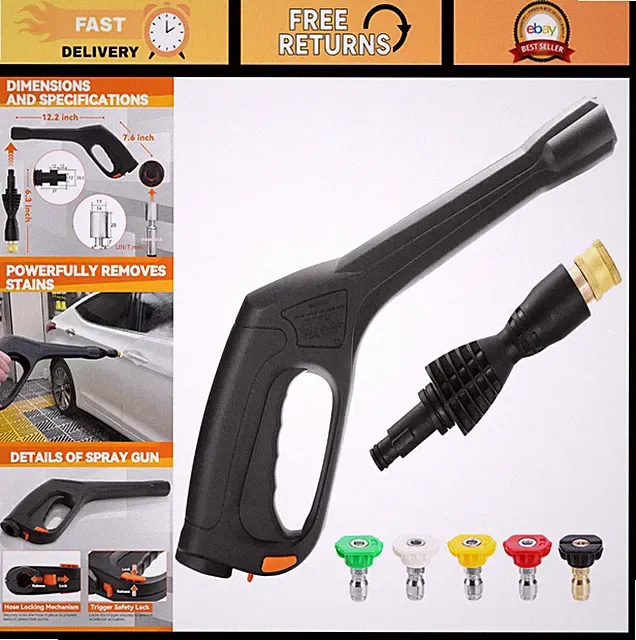 Pressure Washer Gun Kit - 5 Nozzles, Locking Hose, Safety Trigger, Universal Fit