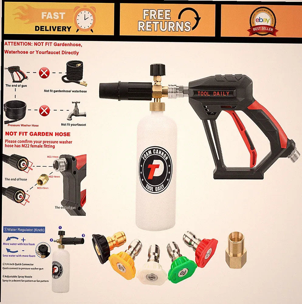 Pressure Washer Gun with Foam Cannon & 5 Nozzle Tips | M22 Quick Connect, 1L Soa