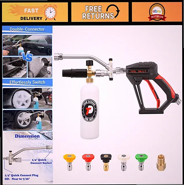 Pressure Washer Gun with Foam Cannon, Dual Connector, 1/4" Quick Connect, 5 Nozz