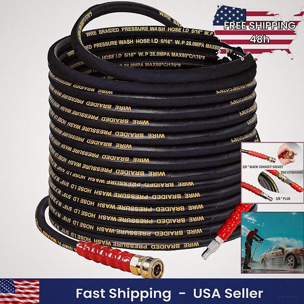 Pressure Washer Hose 100 FT 3/8" Quick Connect 4000 PSI Kink Resistant Black Rub