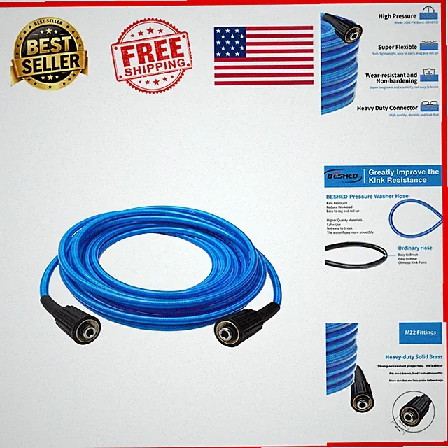 Pressure Washer Hose 25 ft 1/4 Inch Kink Resistant PVC M22 Fittings 3000 PSI