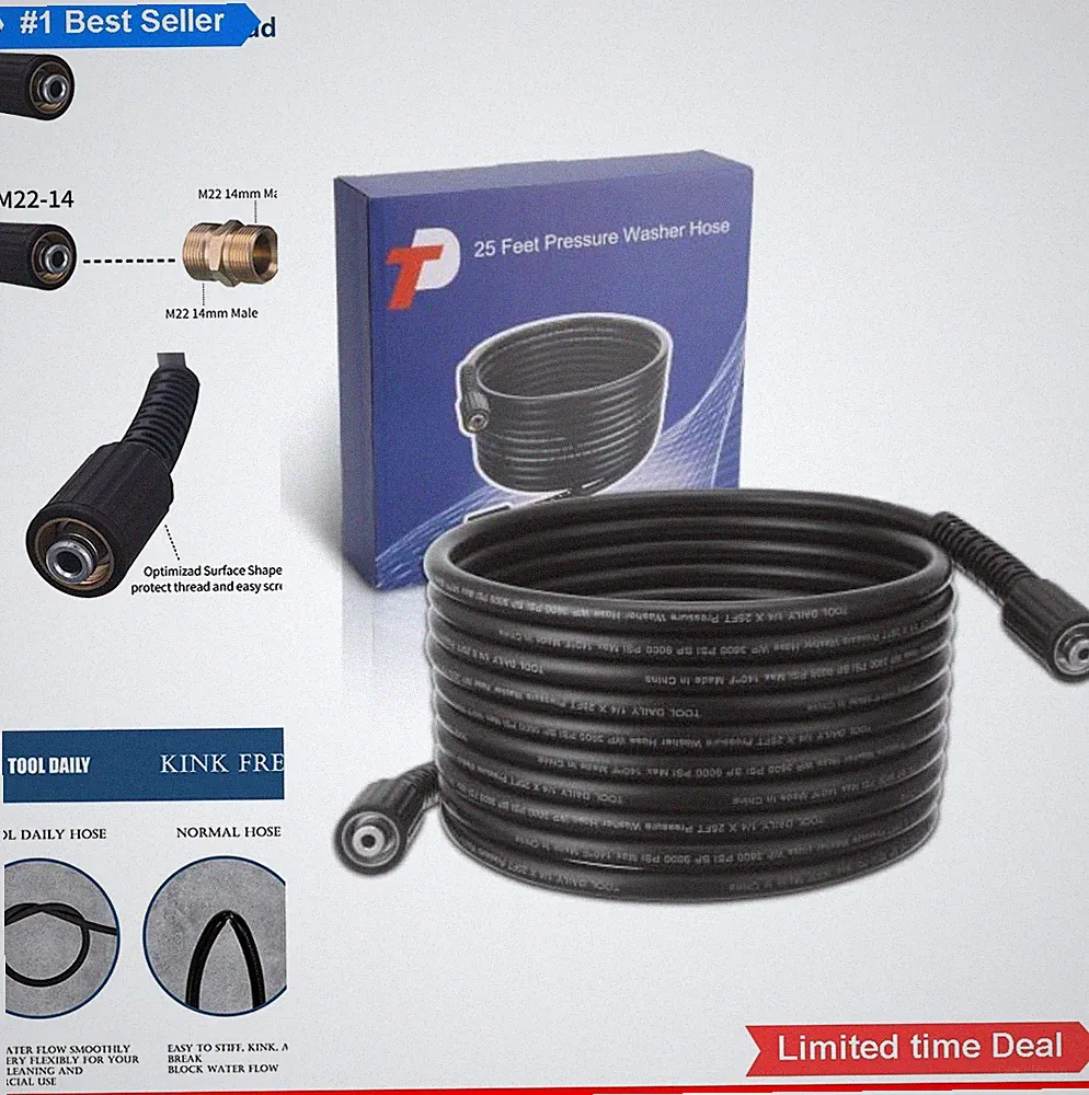 Pressure Washer Hose 25 FT 1/4 Inch M22 14mm 3600 PSI Non-Kink For Car Cleaning