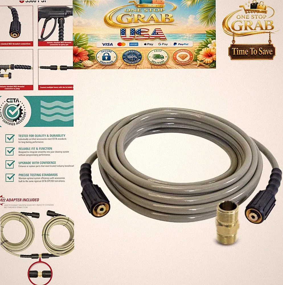 Pressure Washer Hose 25 FT 3300 PSI 1/4 Inch M22 Threaded Cold Water Kink