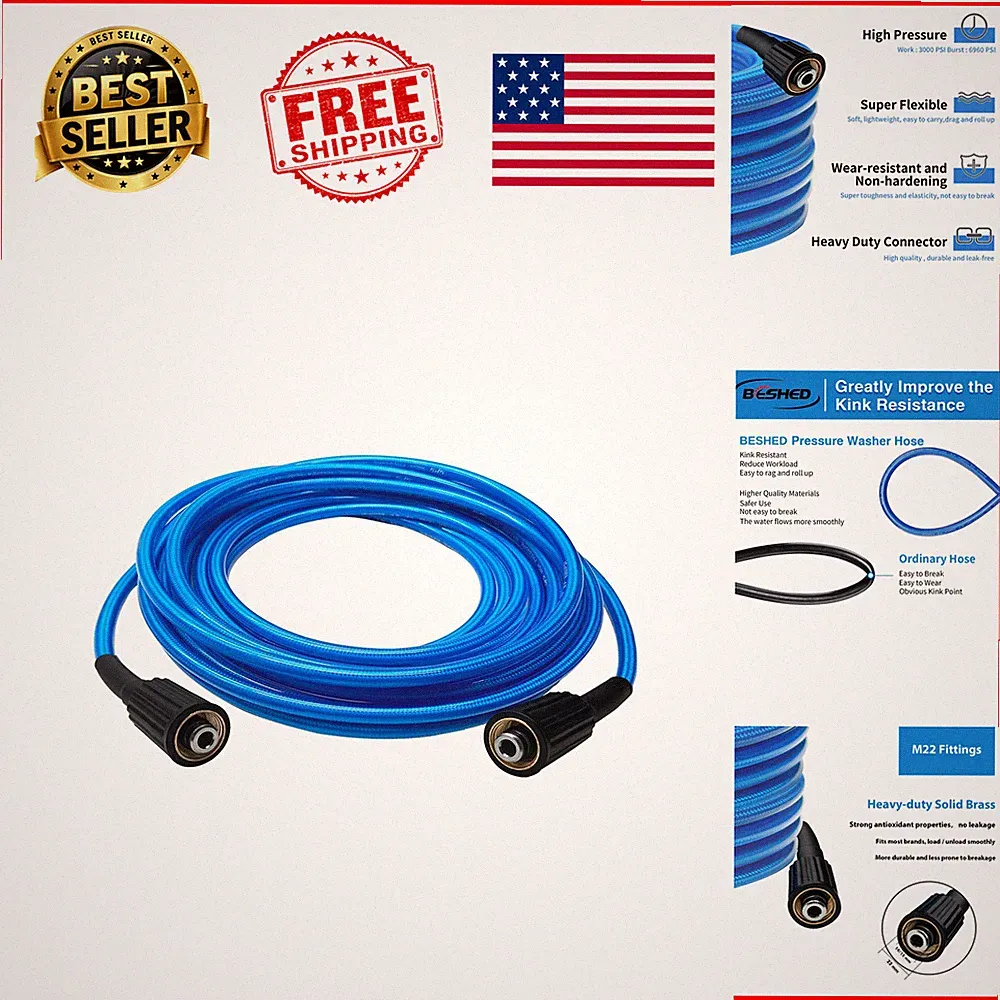 Pressure Washer Hose 25FT 3000 PSI M22 Universal 14-15mm Kink-Resistant PVC