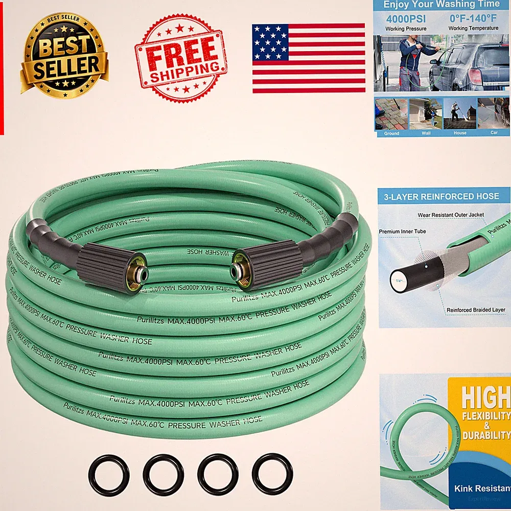 Pressure Washer Hose 25FT 4000 Max PSI M22 Universal Heavy Duty Kink-Resistant