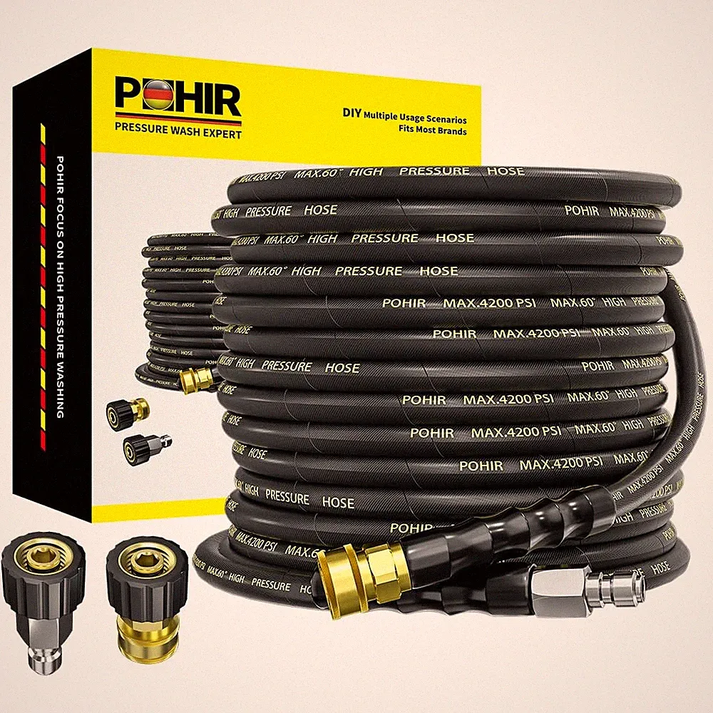 Pressure Washer Hose 50 ft 3/8 Inch Quick Connect 4200 PSI Black POHIR Kink High