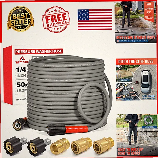 Pressure Washer Hose 50 ft Flexible 1/4 In M22-14mm Female 3200 PSI Gray