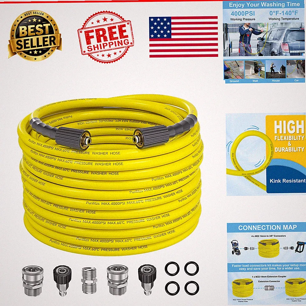 Pressure Washer Hose 50 Ft M22-14mm 4000 PSI Yellow Kink Resistant Adapter Kit