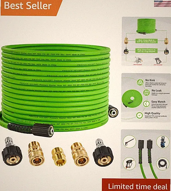 Pressure Washer Hose, 50 FT x 1/4", 3600 PSI, M22 Fittings | Kink Resistant,...