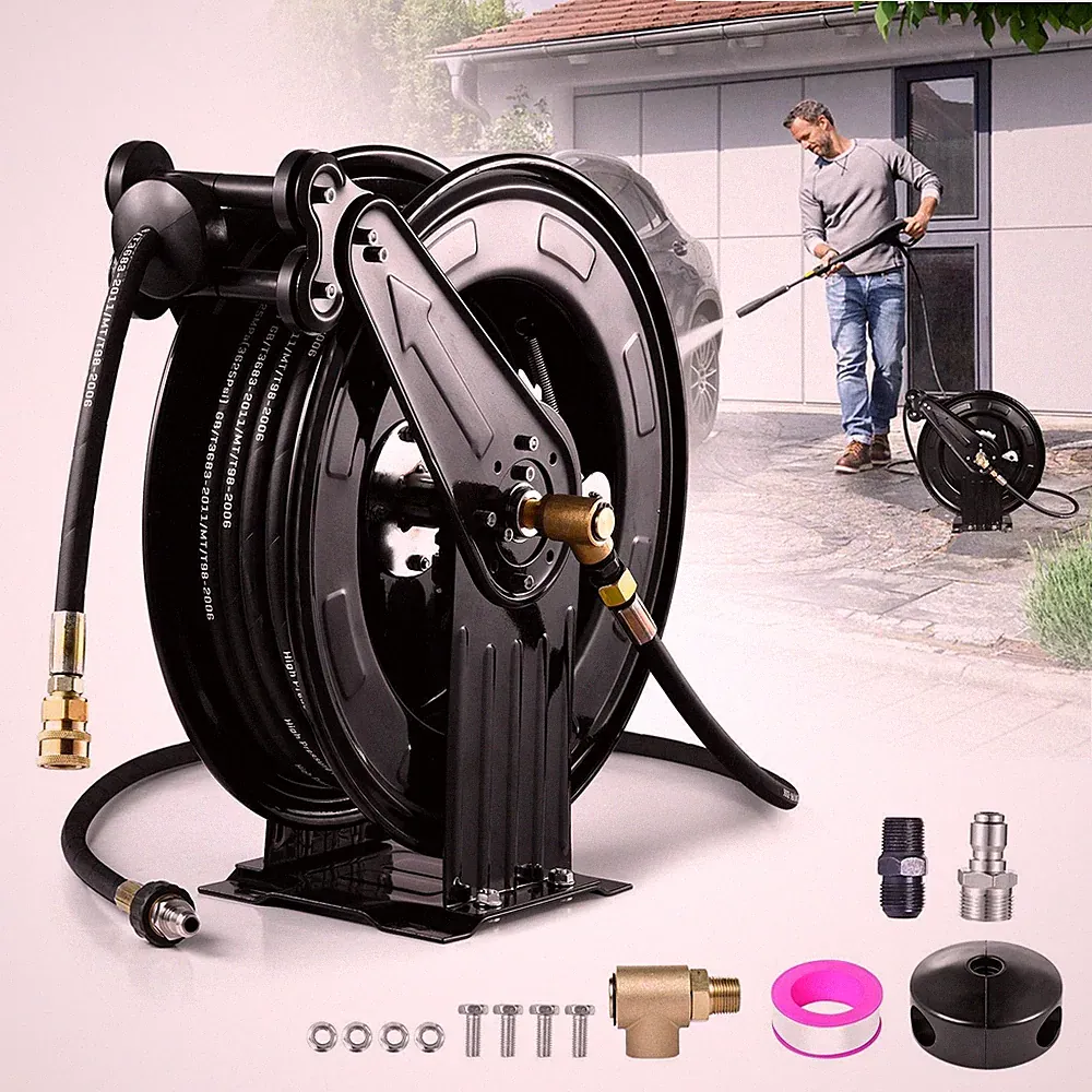 Pressure Washer Hose Reel 50 ft x 3/8 in Retractable 4000PSI Auto-Rewinding