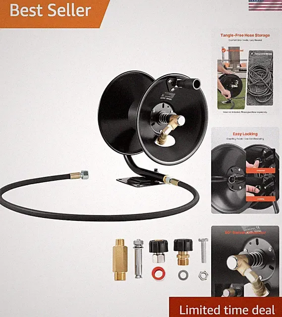 Pressure Washer Hose Reel, 50 ft x 3/8 inch Heavy-Duty Steel Bracket-Mounted...