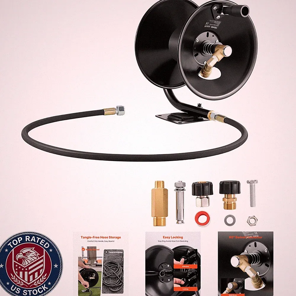 Pressure Washer Hose Reel, 50 Ft X 3/8 Inch Heavy-Duty Steel Bracket-Mounted