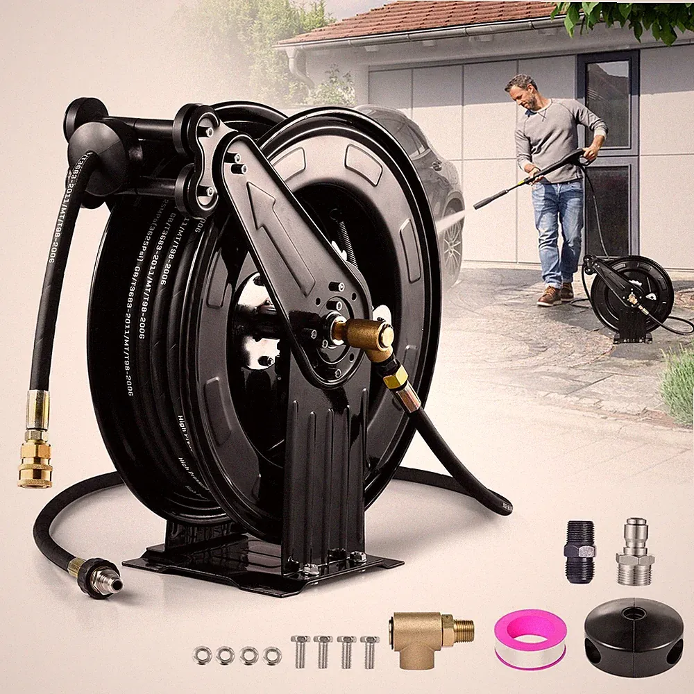 Pressure Washer Hose Reel 50ft x 3/8" Steel Wall Floor Mount 4000PSI w/50ft Hose