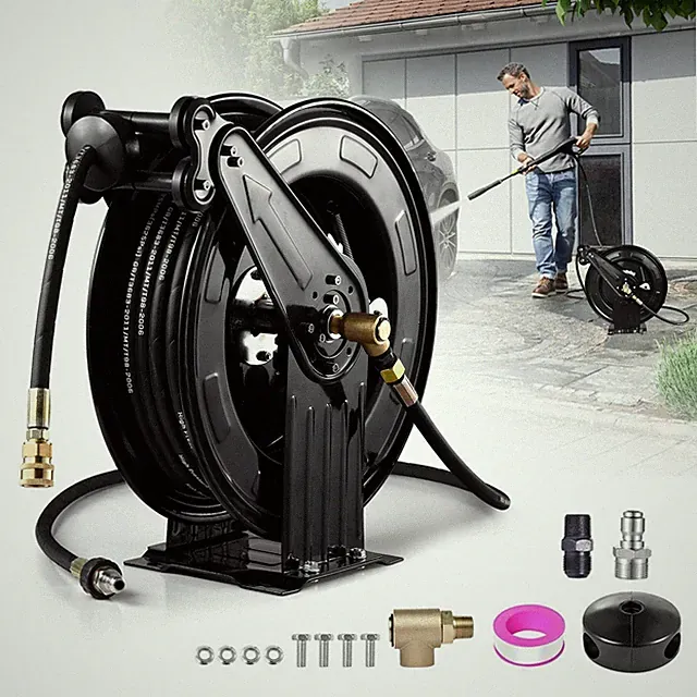 Pressure Washer Hose Reel 50ft x 3/8in Retractable 4000PSI Auto-Rewinding