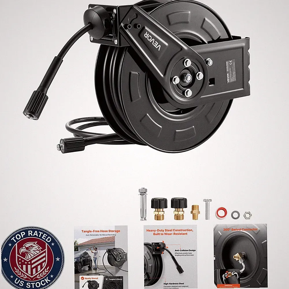 Pressure Washer Hose Reel, 60 Ft X 1/4 Inch Retractable Power Heavy-Duty Steel