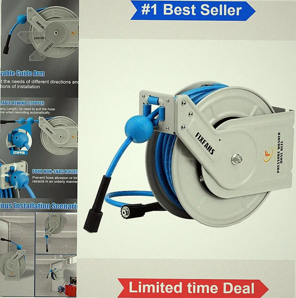 Pressure Washer Hose Reel 60ft 1/4 Heavy Duty Auto Rewind Wall Mounted 3600 PSI