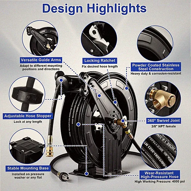 Pressure Washer Hose Reel for Hot and Cold Water, 3/8" X 50 FT Steel Retractable