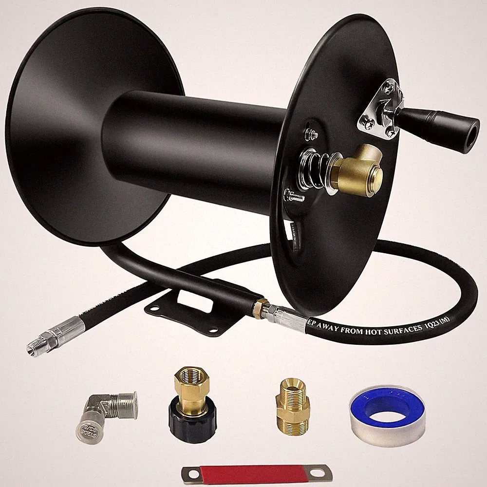 Pressure Washer Hose Reel W/ Jumper Hose for 3/8" X100ft 4000PSI Retractable