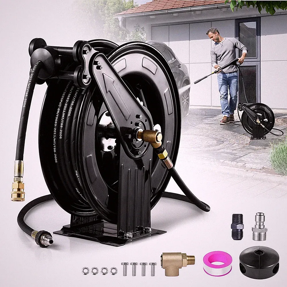 Pressure Washer Hose Reel W/ Jumper Hose for 3/8"x50ft 4000PSI Retractable