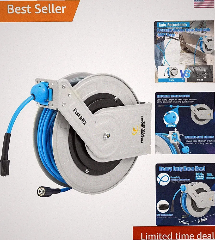 Pressure Washer Hose Reel with Hose 1/4"×100ft, Auto Rewind 3600PSI | Retract...