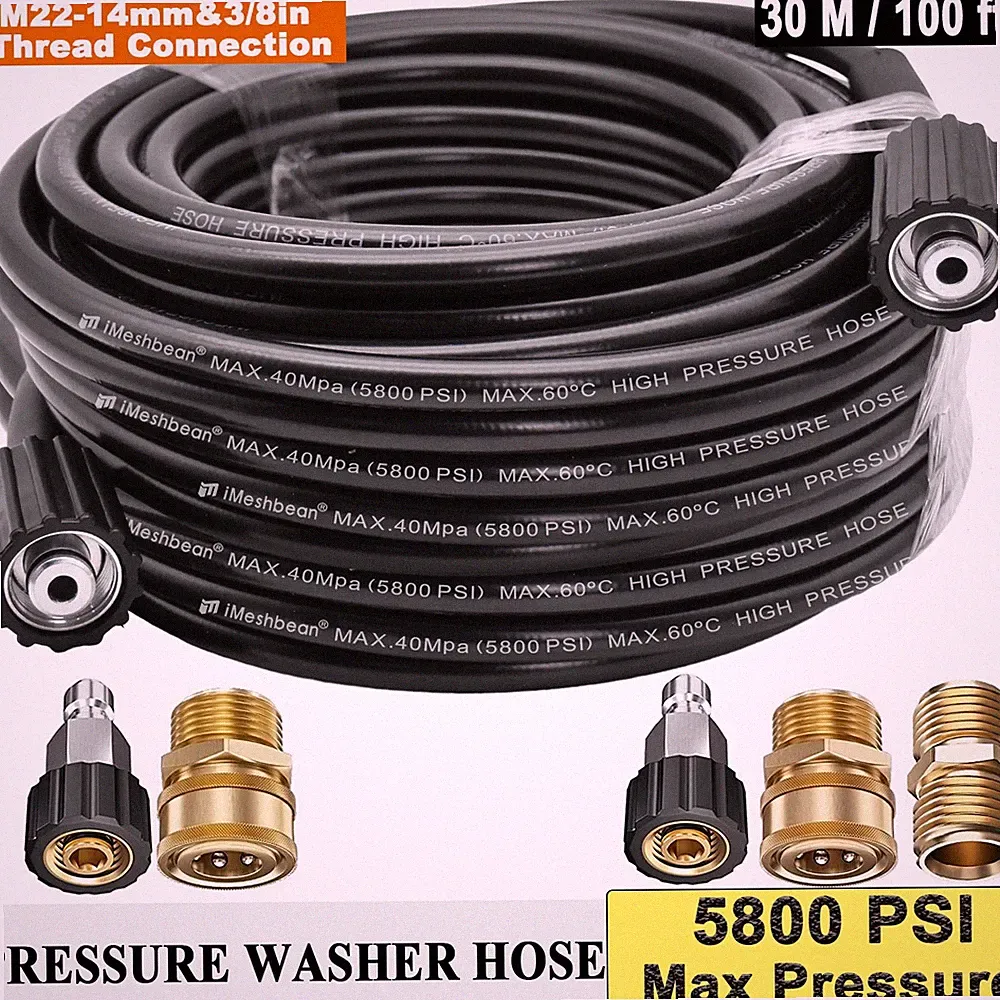 Pressure Washer Parts 100 ft foot 3/8" Black 5800psi Extension Hose M22-14mmx1/4