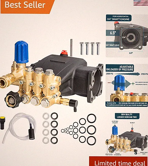 Pressure Washer Pump, 3700PSI 2.5GPM 3/4" Shaft Horizontal Triplex Plunger Po...
