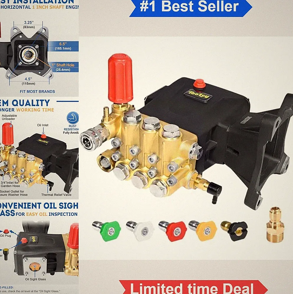 Pressure Washer Pump 4400 PSI 4.4 GPM 1 Inch Shaft Triplex Plunger Horizontal