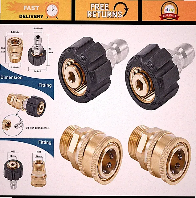 Pressure Washer Quick Connect Fittings, M22 14mm to 3/8" Hose Adapter Set - 4 Pa