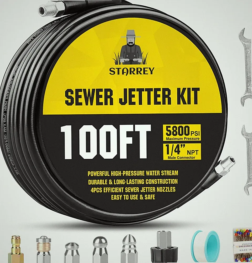 Pressure Washer Sewer Jetter Kit 100Ft 1/4 Inch NPT Hose Nozzles and Adapter