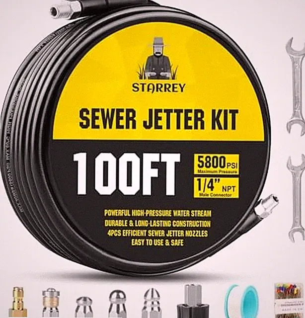 Pressure Washer Sewer Jetter Kit 100Ft 1/4 Inch NPT Hose Nozzles and Adapter