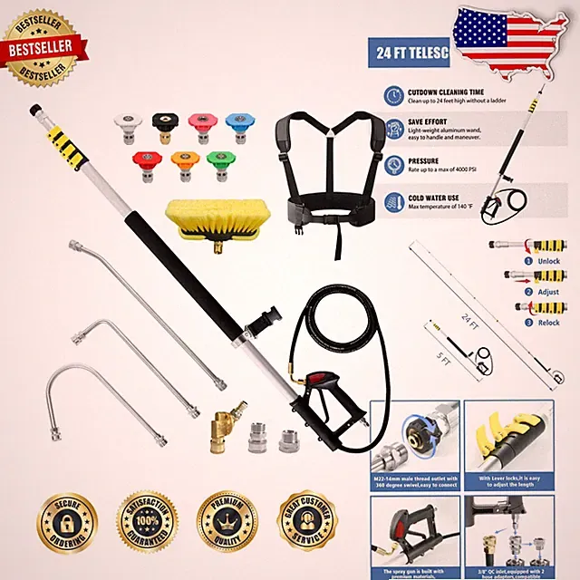 Pro 24FT Pressure Washer Extension Wand 4000 PSI 17pc Telescoping Gutter Tool