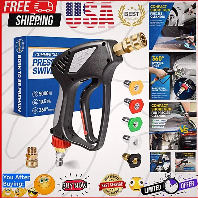 Pro Short Pressure Washer Gun 5000 PSI with 360° Swivel,3/8" Quick Connect In...